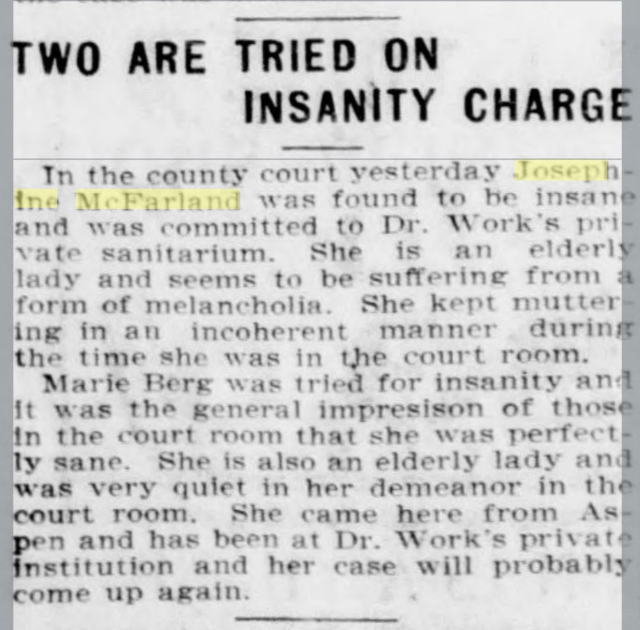 newpaper article about committing Josephine McFarland